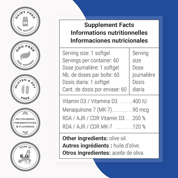 Supersmart - Vitamin K2 MK7 + D3 (Menaquinone 7) 90 mcg per Day - Bones & Heart Health Supplement - Immune Support | Non-GMO & Gluten Free - 60 Softgels