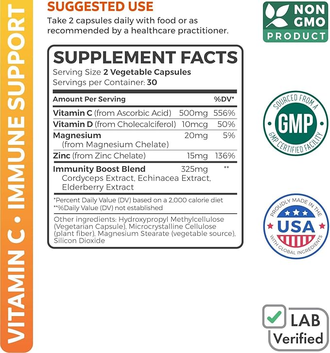 Vitamin C Immune Support Supplement - Immunity Boost Blend with Elderberry Vitamin C and Zinc for Daily & Seasonal Support - Immunity Supplement with Magnesium Zinc Vitamin C and D (1 Month Supply)