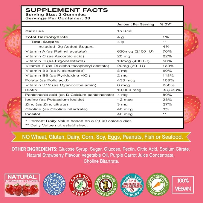 Hair Growth Gummies with Biotin 10,000mcg - Vegan Hair Vitamins Gummy for Yor Healthy Hair, Skin & Nails, Added B-Complex, Vitamin D, Vitamin A & Zinc - Hair Supplement for Women Men (60, Strawberry)
