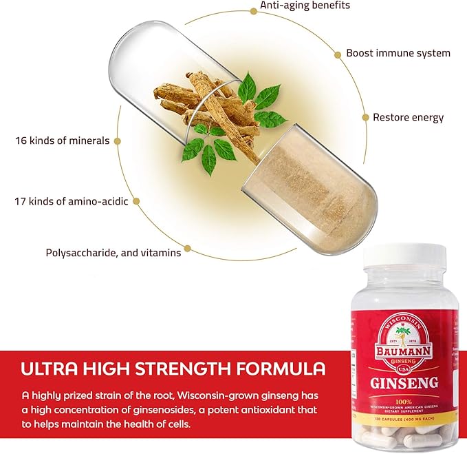 Baumann Wisconsin Ginseng Capsules 130 Pills 400 mg – Pure American Ginseng Root Extract Powder in Each Pill - 100% Natural Panax Ginseng Supplement for Immune Support, Focus and Energy