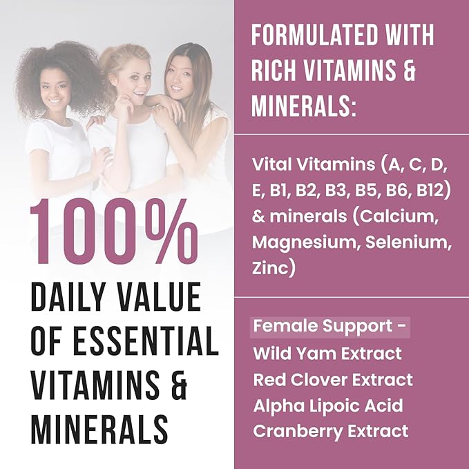 Women's Multivitamin - Essential Multivitamins & Multiminerals Supplement A, C, D, E & B12, with Zinc, Calcium, Magnesium & More for Women's Wellness Support. Boost Your Body and Mind!