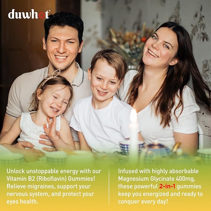 Vitamin B2 Gummies with Magnesium- Riboflavin 400mg for Migraine Relief & Headache Relief, B2 Vitamins Gummies for Adults & Kids, Vegan, 60 Chewable