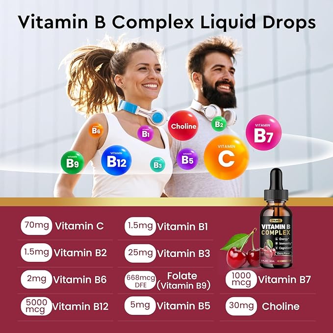 Vitamin B Complex Liquid Drops, B Vitamins Complex Supplement with B1, B2, B3, B5 B6, B7, B9 & Methyl B12 Drops for Adults & Kids, Vegan, Cherry Flavor