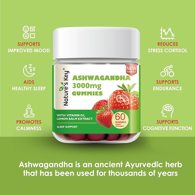 Nature's Key Upgraded 2.0 Ashwagandha Gummies, 3000mg Extra Potency Ashwagandha Supplement | with Vitamin D2, Lemon Balm, & Black Pepper ，for Stress Relief and Good Sleep (60 Count, Pack of 1)