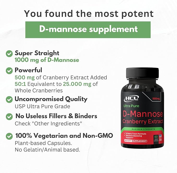 D-Mannose with Cranberry Extract Capsules 1500mg – High Potency USP Grade D-Mannose Supplement with Whole Fruit Cranberry Powder – Urinary Tract Support – Non-GMO 60 Capsules