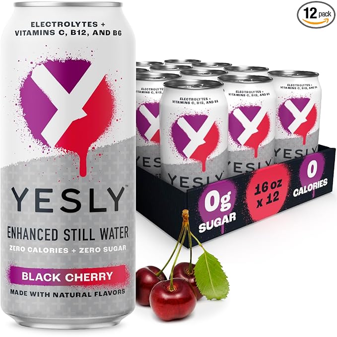 Yesly Functional Water, Black Cherry, Naturally Flavored Still Water with Electrolytes, Magnesium, Potassium, Vitamin C, B6 & B12, Zero Sugar, No Artificial Sweeteners, 16 Fl Oz Cans, 12 Pack