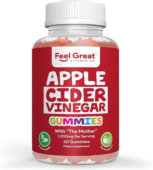 Feel Great Vitamins Apple Cider Vinegar Gummies – ACV with The Mother for Digestive Support & Daily Wellness – Vegan, Non-GMO, 60 Gummies