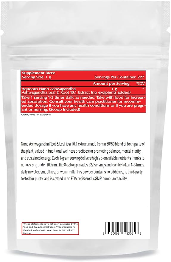 Nano Ashwagandha Leaf & Root Powder 8 oz (227 Servings), 10:1 Extract, Supports Mental Clarity, Non-GMO, Vegan, Gluten-Free
