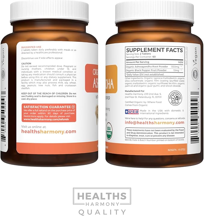 USDA Organic Ashwagandha (120 Vegetarian Tablets) 1350mg Ashwaganda Root Powder Per Serve with Black Pepper - Natural Adrenal Support, Cortisol & Thyroid Support, Immune Support (No Pills or Capsules)