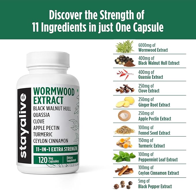 STAY ALIVE Wormwood Black Walnut Clove Cleanse Extract, 11-in-1 Extra Strength Complex, 120 Pills, Herbal Supplement for Adults, Vegan, Non-GMO & Gluten Free Sweet Wormwood Capsules