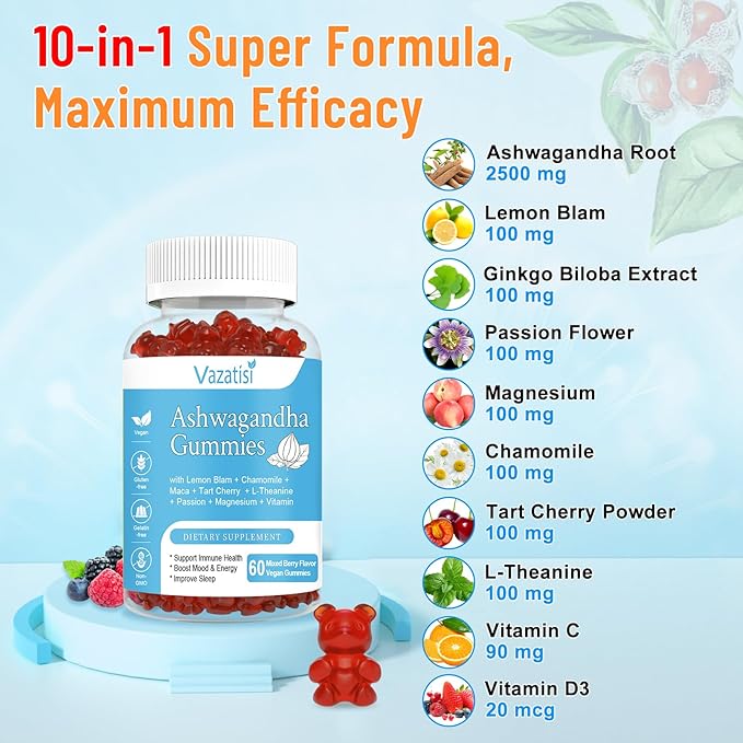 Sugar Free Ashwagandha Gummies for Women Men, Organic Ashwa Root Extract Supplement for Relax Restore Balance, Vegan Gluten Free, 60 Count