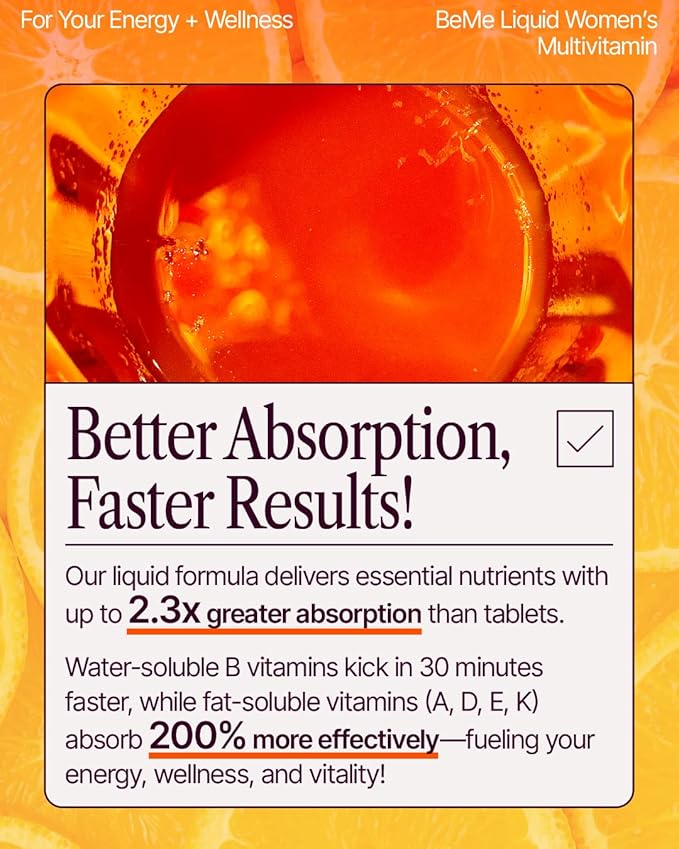 BeMe Liquid Multivitamin for Women - 2X Faster Absorption & High Bioavailability - Vitamin C+E, D, K, Calcium, Zinc, Magnesium - Clinically Tested Womens Multivitamin, Non-GMO, Soy, Dairy Free