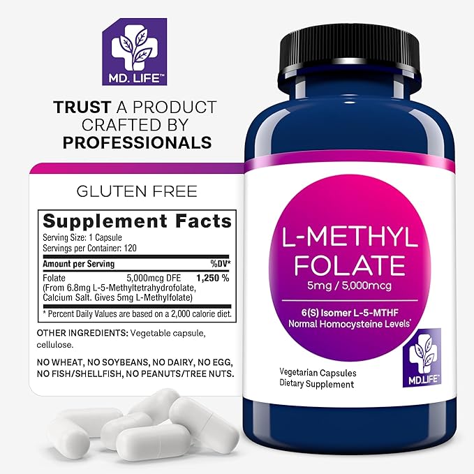 MD Life L-Methylfolate 5mg - Professional-Grade Active Methylfolate Supplement - Maximum Potency MTHFR Supplements - L methylfolate 5mg 120 Capsules - Essential Amino Acids