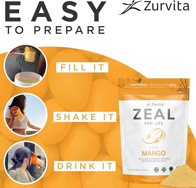 Zurvita Zeal for Life Wellness Drink Mix - Mango Flavor - Gluten-Free, Vegan, with Biotin, Vitamins B12, C, D, E, Iron, Magnesium - 30 Servings (420g)