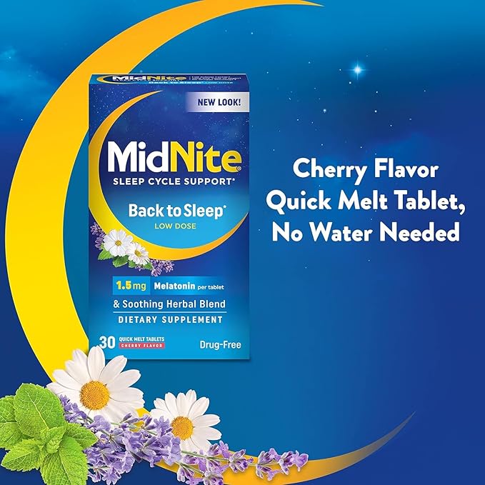 MidNite Back To Sleep Low Dose, 1.5 mg Melatonin Sleep Aid, Non-habit Forming, Herbal Dietary Supplement For Adults, Drug-free, Gluten-free, Lactose-free, Vegetarian, Vegan, 30 Quick Melt Tablets 2 ct