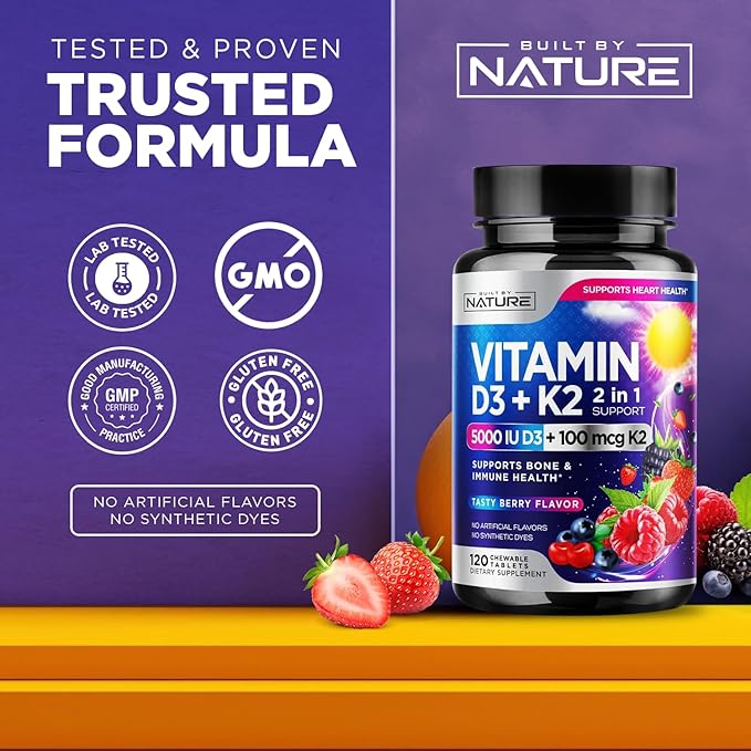 Vitamin D3 K2 – Chewable Vitamin D 5000 IU & K2 MK-7 100 mcg – 2 in 1 Vitamin D K2 Supplement Chews - Immune, Heart, & Bone Support – Non GMO - Tasty Berry Flavor - 120 Chewable Tablets