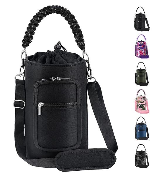 AceTreker 128 oz Neoprene Insulated Water Bottle Carrier Bag, One Gallon Sling Bag Sleeve Pouch Holder with Adjustable Shoulder Strap & Paracord Handle and 2 Pocket for Travelling, Hiking-Black