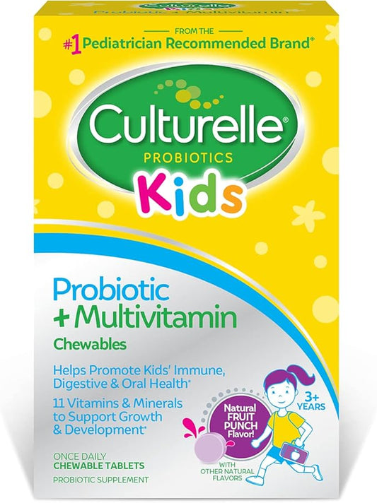 Culturelle Kids Probiotic + Complete Multivitamin Chewable For Kids, Ages 3+, 30 Count, Digestive Health, Oral Health & Immune Support - With 11 Vitamins & Minerals, including Vitamin C, D3 & Zinc
