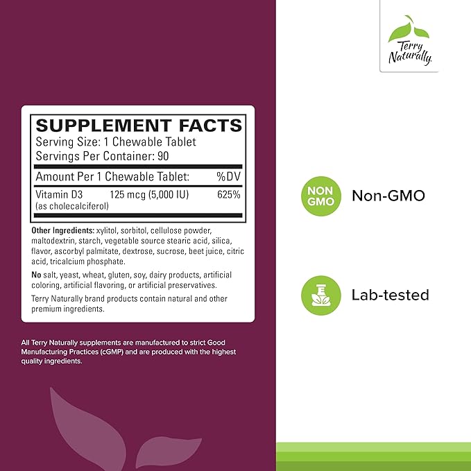 Terry Naturally Vitamin D3 - Bone Health & Bone Strength Support Supplement - Immune System & Brain Support - 5,000 IU Vitamin D Tablets with Mixed Berry Flavor - 90 Chewable Tablets (Pack of 2)