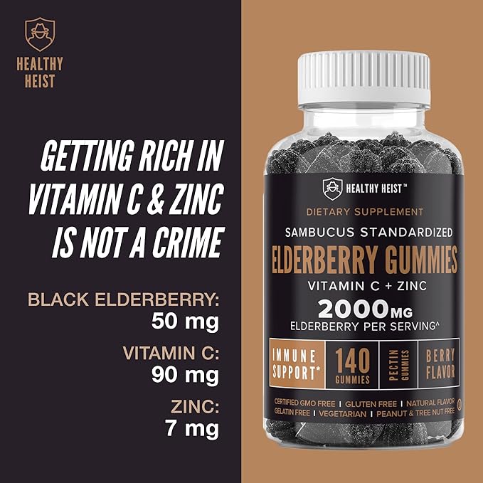 Sambucus Black Elderberry Gummies with Zinc and Vitamin C, 140 Gummies, Chewable Immune Support for Adults and Kids, Non GMO, Kosher, Pectin, Vegan, Delicious Berry Flavor