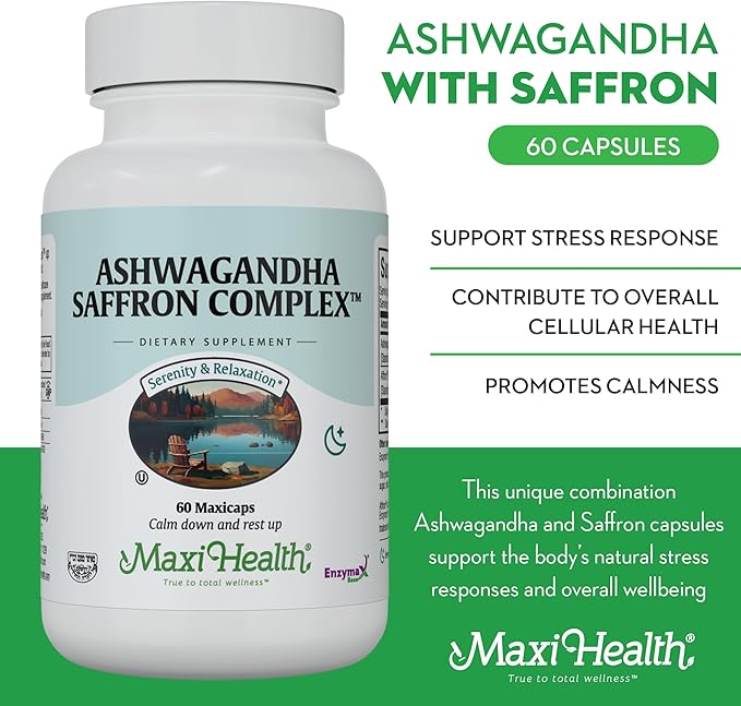 Maxi Health Ashwagandha Saffron Complex 600mg with 30mg Saffron Extract, Serenity and Relaxation, Calm and Mood Support - Vegetarian Non GMO Gluten Free Kosher Saffron Supplements, 60 Capsules