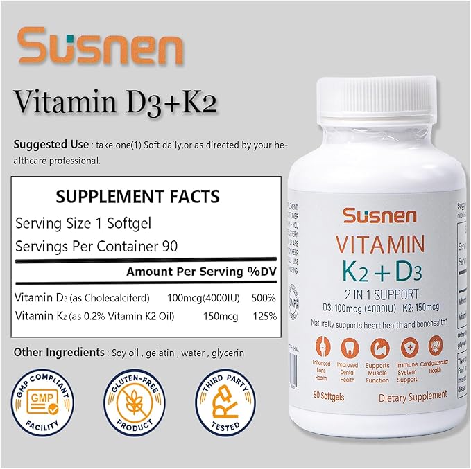 Vitamin K2+D3 Softgels Vitamin D3 4000IU K2 150mcg Dietary Supplement 2 in 1 D K Complex Support for Immune Calcium Absorption Bone Heart Dental Health Micro Ingredients(90 Softgels) Men Women Gift