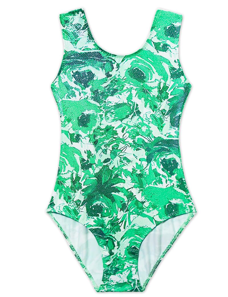 Domusgo Gymnastics Leotards for Girls 5-6 Years Old Green Graffiti Sparkly One Piece Tumbling Outfits