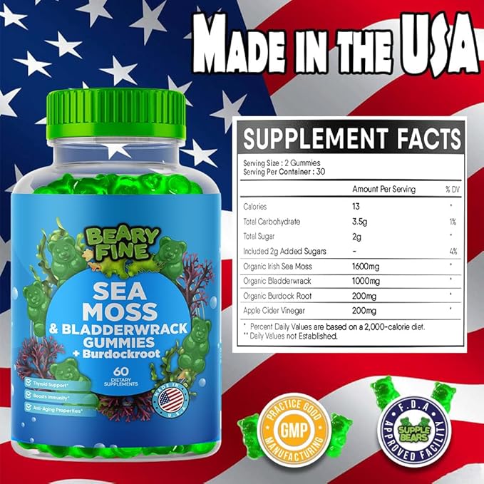 Sea Moss Gummies & Apple Cider Vinegar - Burdock Root + Bladderwrack - 102 Minerals for Daily Wellness & Nutrient Support - 60 Seamoss Gummies for Kids & Adults - Made in The USA