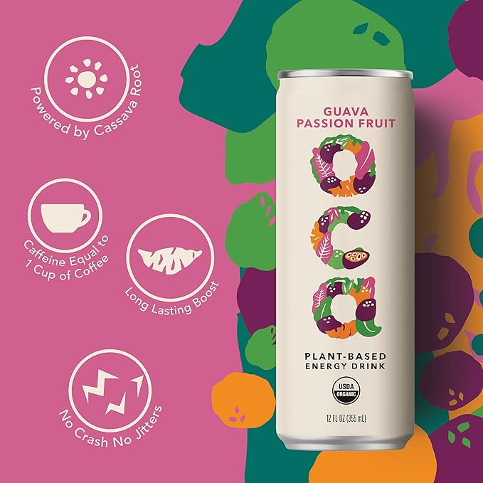 OCA - Plant Based Energy Drink - Natural Low Sugar - Organic Energy Drink & Vegan - Guava Passion Fruit - 60 cal. can - 12 Pack