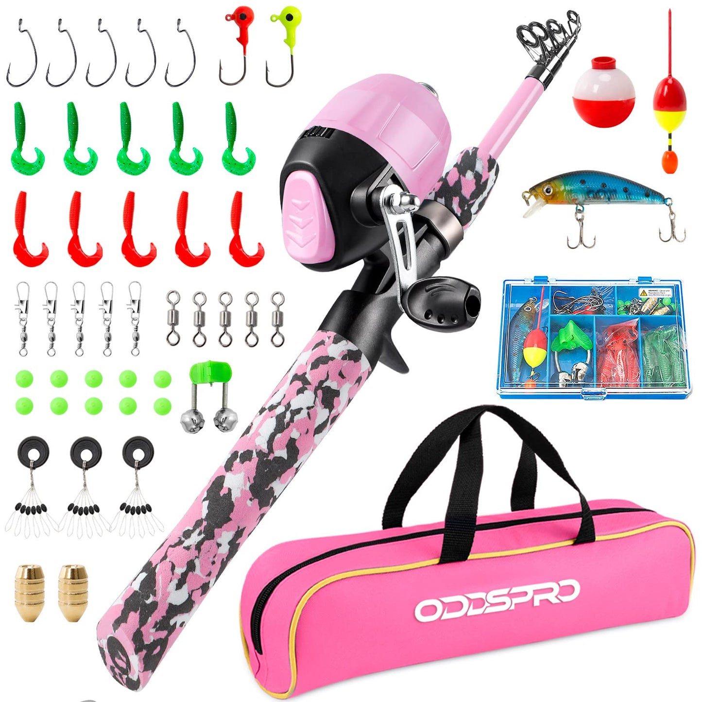 ODDSPRO Kids Fishing Pole - Kids Fishing Starter Kit - with Tackle Box, Reel, Practice Plug, Beginner's Guide and Travel Bag for Boys, Girls (Camo Pink, 1.5M 4.92Ft)