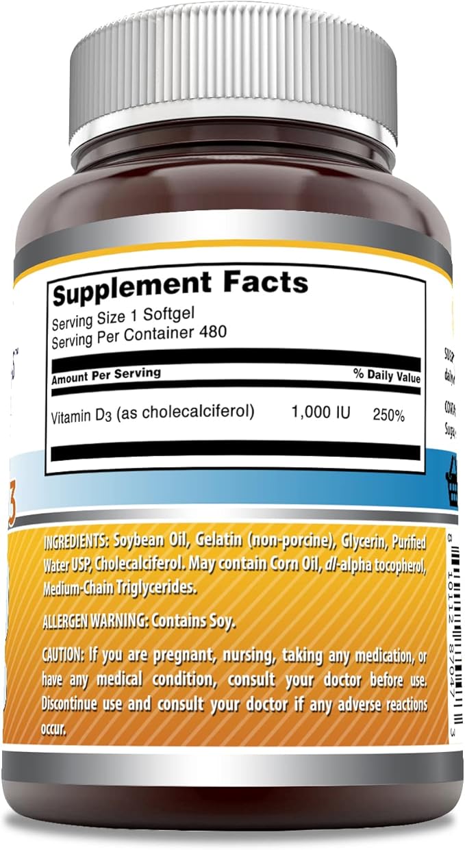 Amazing Formulas Vitamin D3 (Cholecalciferol) Supplement | 1000 IU | 480 Softgels | Non-GMO | Gluten-Free | Made in USA