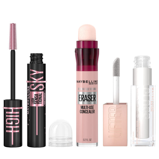 Maybelline Lash Sensational Sky High Washable Mascara, Cosmic Black + Instant Age Rewind Eraser Dark Circles Treatment Multi-Use Concealer, 160+ Lifter Gloss, Pearl, Silver Pearl Clear Bundle