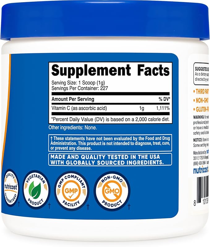 Nutricost Ascorbic Acid Powder (Vitamin C) 0.5 LBS (8 Ounce)
