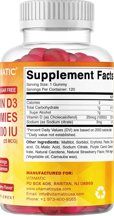 Vitamatic Sugar Free Vitamin D3-120 Pectin Based Gummies - Great Taste - Healthy Bones, Mood & Immune System Function - Non-GMO - 120 Servings (1000 IU)