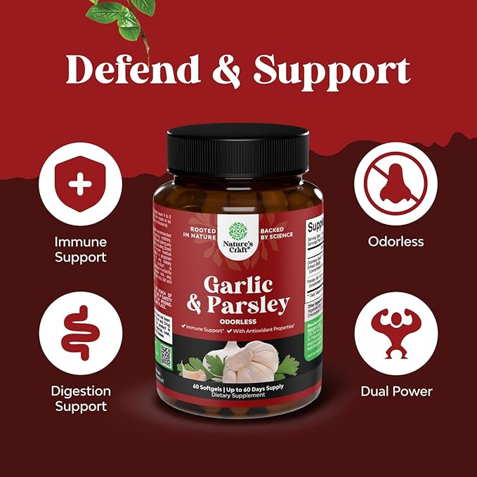 Concentrated Odorless Garlic Softgels - Parsley Extract & Aged Garlic Supplements - Parsley Softgels for Gut Support - 60 Ct