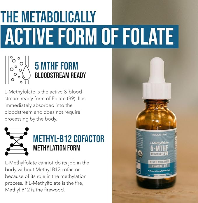 L Methyl Folate 15mg Plus Methyl B12 Cofactor – Organic Berry Flavor, High Potency Liquid Sublingual Active 5-MTHF Form - Supports Mood, Methylation, Cognition – Bioactive Forms Vitamin B9 & B12 (1oz)
