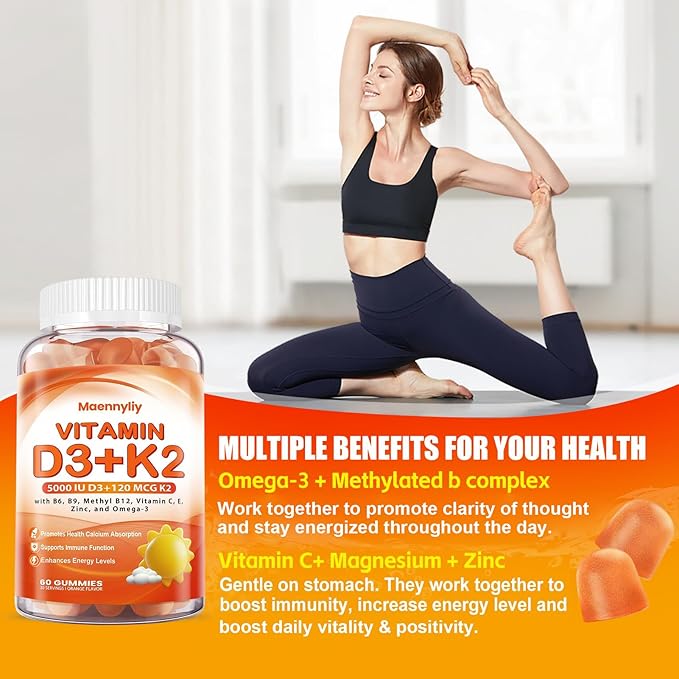 Vitamin D3 K2 Gummies for Adults - Vitamin D3 5000IU + K2 (MK-7) 120mcg - Sugar-Free D3 and K2 Supplements with Omega-3, Methyl B12, B9, B6, Vitamins E & Zinc - for Calcium Absorption & Immune Health