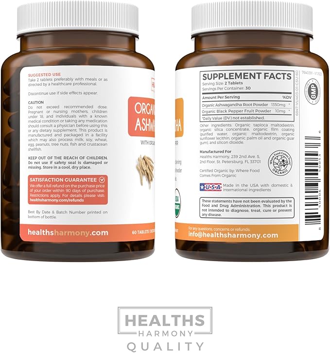 USDA Organic Ashwagandha (60 Vegetarian Tablets) 1350mg Ashwaganda Root Powder Per Serve with Black Pepper - Natural Adrenal Support, Cortisol & Thyroid Support, Immune Support (No Pills or Capsules)