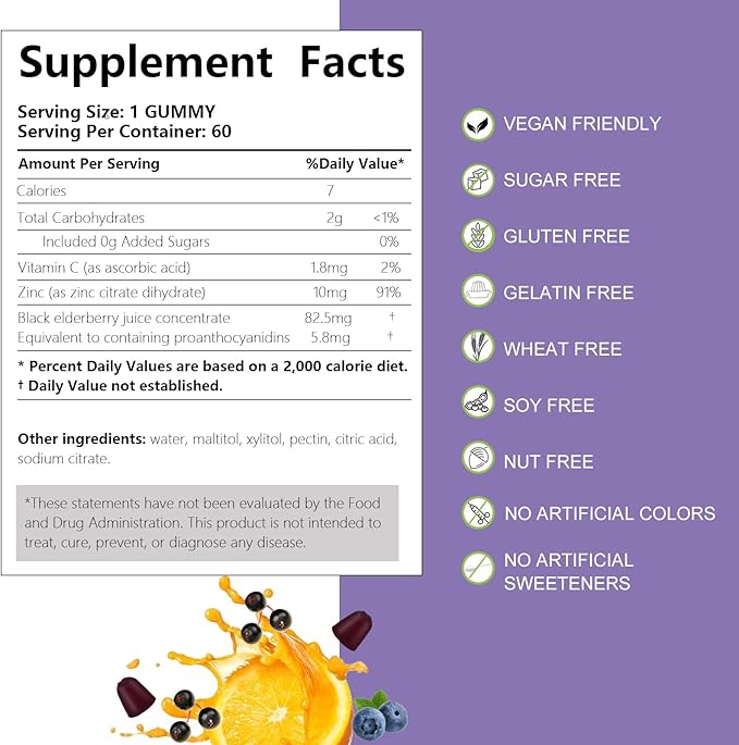 AFXMATE Sambucus Elderberry Gummies, Black Elderberry Gummy with Zinc and Vitamin C for Adults, Sugar Free Kids Multivitamin Gummies Immune Support* Supplement (2 Pack)