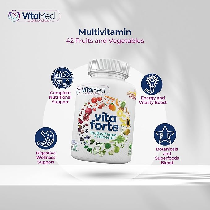 Vita Forte Vegan Multivitamin – Complete Daily Supplement with Essential Vitamins, Minerals, Probiotics, Digestive Enzymes, and Superfoods for Immune Support & Optimal Wellness – 60 Tablets