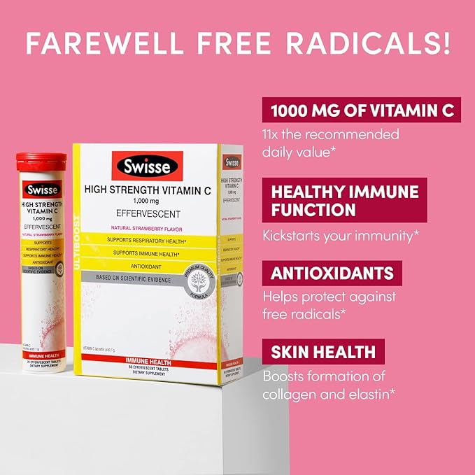 Swisse Effervescent Vitamin C 1000mg Dissolvable Vitamin C Powder Tablets | Immune Support Supplement and Antioxidant | VIT C Supports Immunity Health * | Ascorbic Acid Vitamin C Drink | 60 Tablets