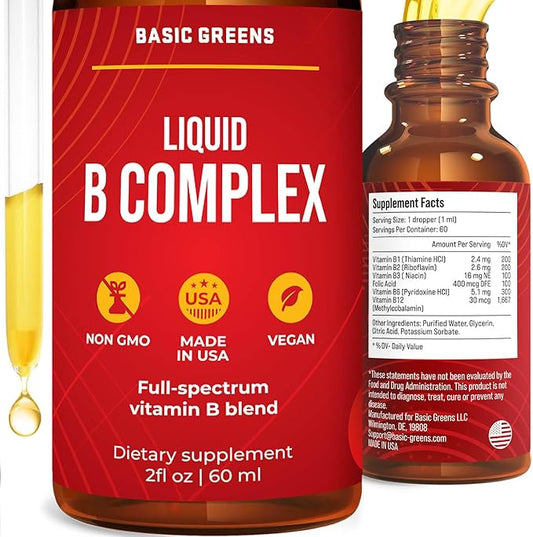 Vitamin B Complex Liquid Drops - Strength Sublingual Formula, Maximizes Absorption & Boosts Energy - B1, B2, B3, B5, B6, B7, B9, B12 - Natural Vegan Supplement for Immunity (B Complex)