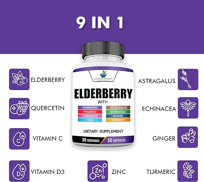 American Standard Supplements Elderberry Extract with Quercetin, Vitamin C, D3, Ginger, Zinc, Turmeric & Echinacea – Immune Support Supplement – – 60 Capsules