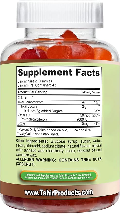 Tahir Halal Vitamin D3 2000 IU Gummies – Supports Bone & Immune Health, Promotes Muscle Function, Gluten-Free, Gelatin-Free, 90 Natural Fruit Flavor Gummies, Made in USA – Halal Certified