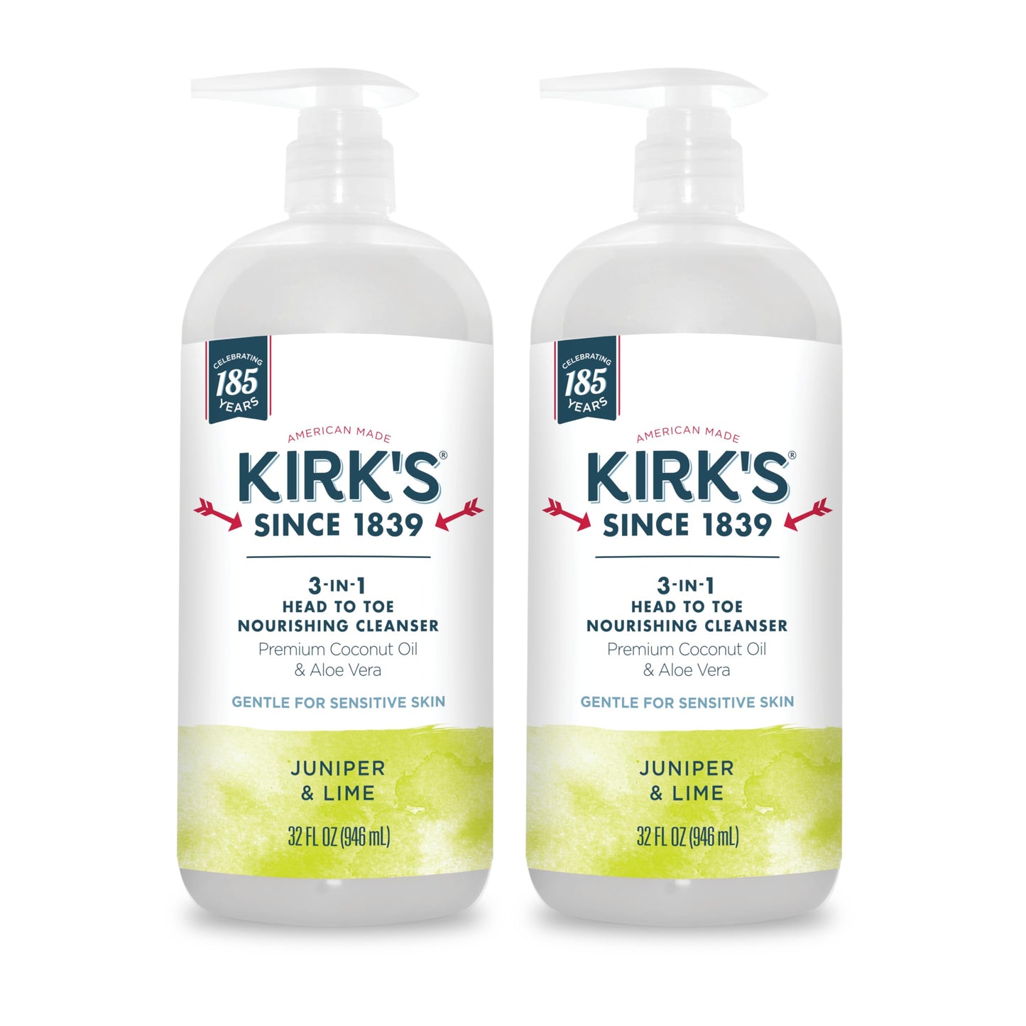 Kirk's 3-in-1 Head to Toe Nourishing Liquid Cleanser- for Men, Women & Children - Premium Coconut Oil & Aloe Vera- Non GMO & Vegan -Juniper & Lime - 32 Fl Oz 2 Pack