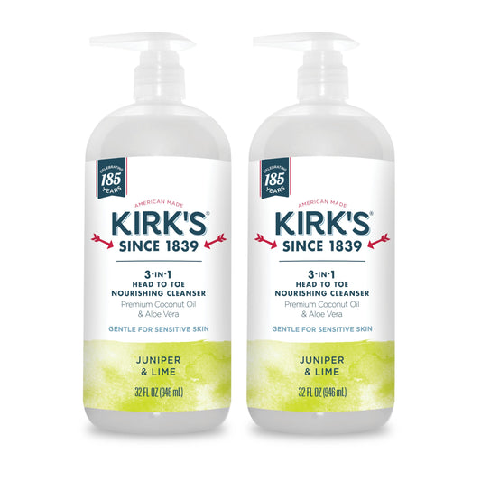 Kirk's 3-in-1 Head to Toe Nourishing Liquid Cleanser- for Men, Women & Children - Premium Coconut Oil & Aloe Vera- Non GMO & Vegan -Juniper & Lime - 32 Fl Oz 2 Pack