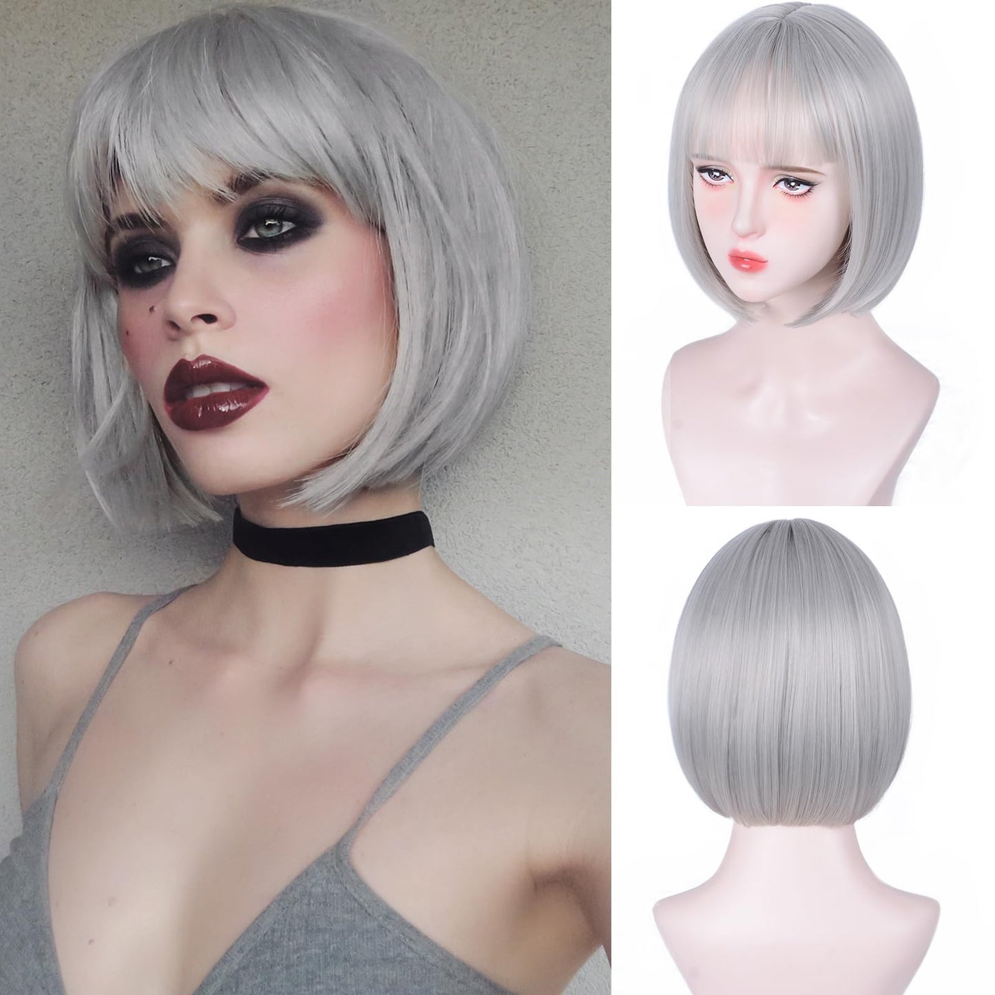 Aida ble Gray Bob Wigs - 12'' Short Gray Bob Wigs for Women Bob Wig With Bangs Super Soft and Easy to Wear Straight Bob Wig, Colorful Synthetic Wig for Daily, Cosplay, Halloween