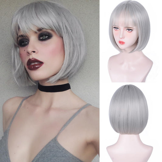 Aida ble Gray Bob Wigs - 12'' Short Gray Bob Wigs for Women Bob Wig With Bangs Super Soft and Easy to Wear Straight Bob Wig, Colorful Synthetic Wig for Daily, Cosplay, Halloween
