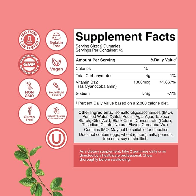 Vitamin B12 Gummies for Adults - Sugar Free Vitamin B12 1000 mcg Chewable Gums for Energy & Mood Support, Immune & Nerves Health - Kosher Non-GMO & Gluten Free Supplement for Women & Men - 90 Count