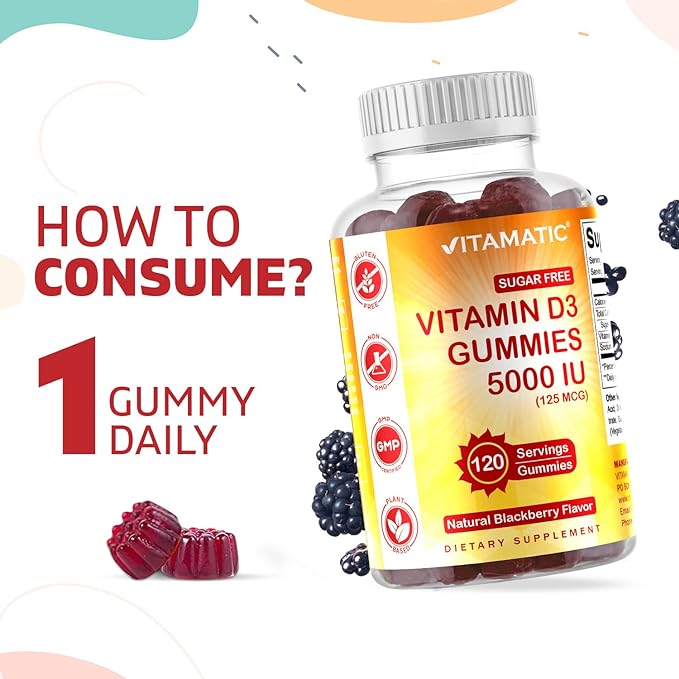 Vitamatic Sugar Free Vitamin D3 5000 IU - 120 Gummies - Great Taste - Healthy Bones, Mood & Immune System Function - Non-GMO - 120 Servings (5000 IU)